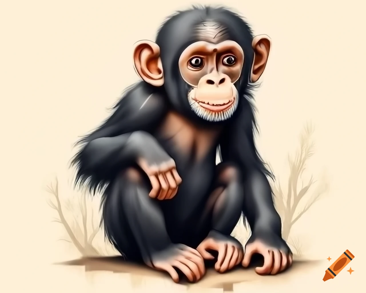 Dark skinned chimpanzee baby sitting on tree stump in Beatrix Potter watercolor style