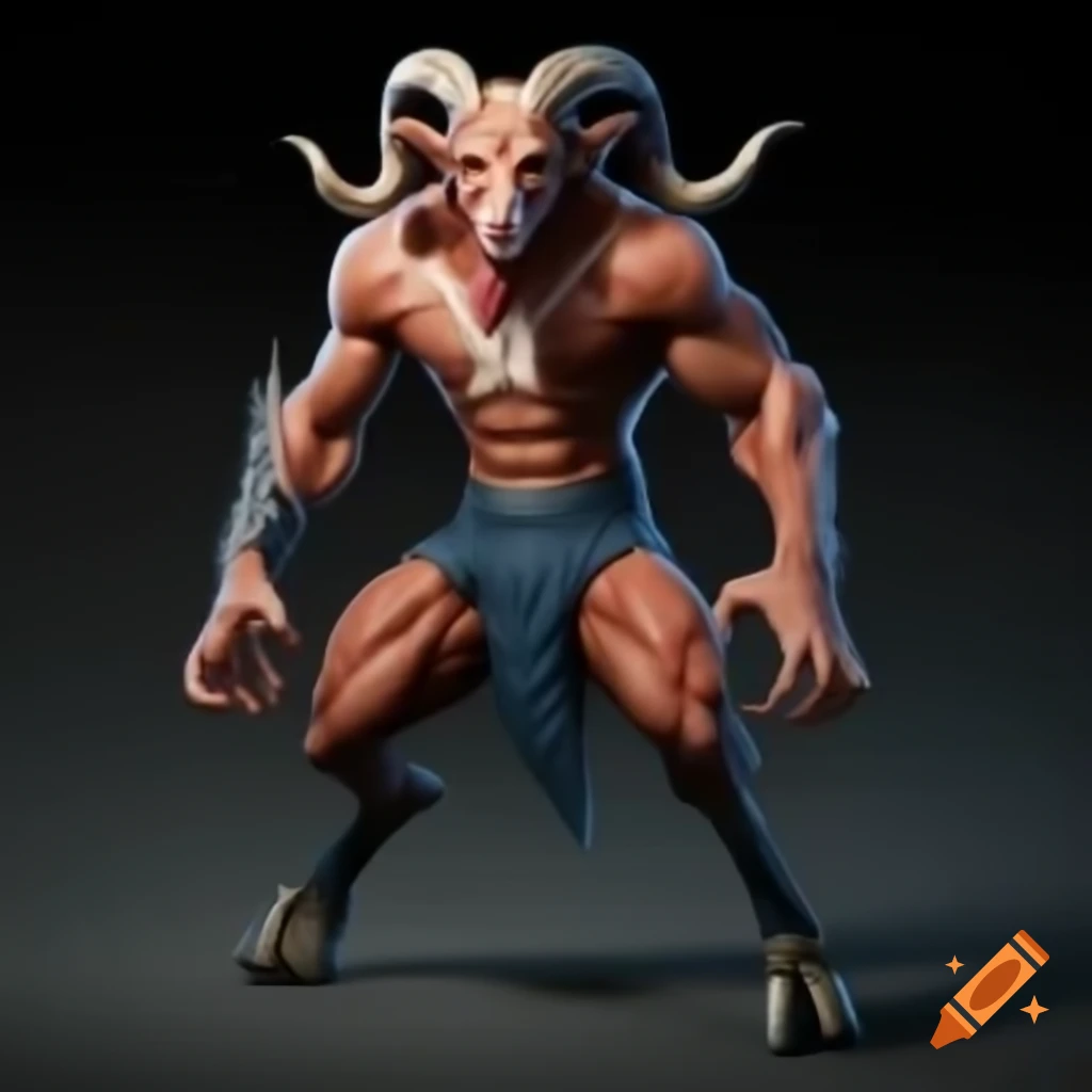 Realistic goat-headed demon with large horns and muscular physique in tennis shoes