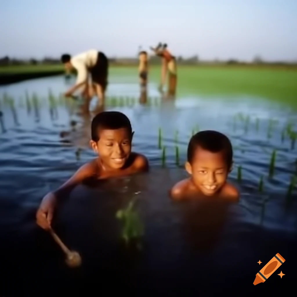 Boys playing in pond with beautiful paddy field and workers in background during sunny evening