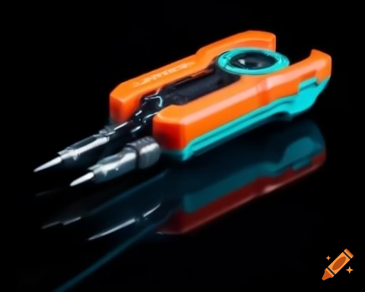 Futuristic handheld tool with orange and cyan accents and extended probes