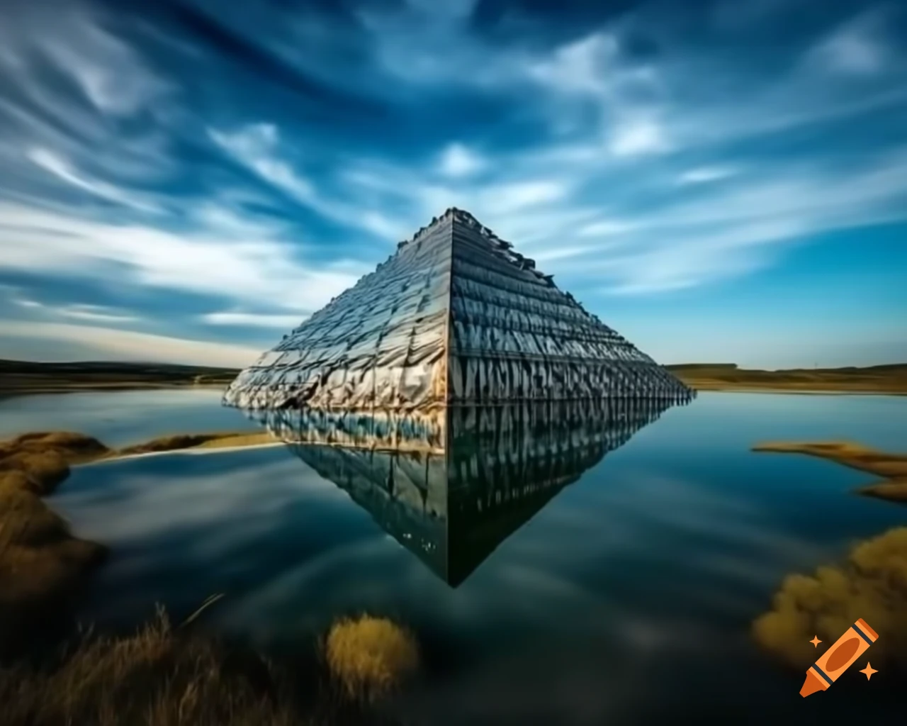 Glass pyramid in lake with beautiful skies, high-resolution HDR