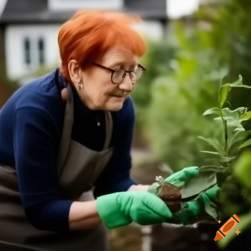Elderly woman with red hair and glasses gardening outdoors