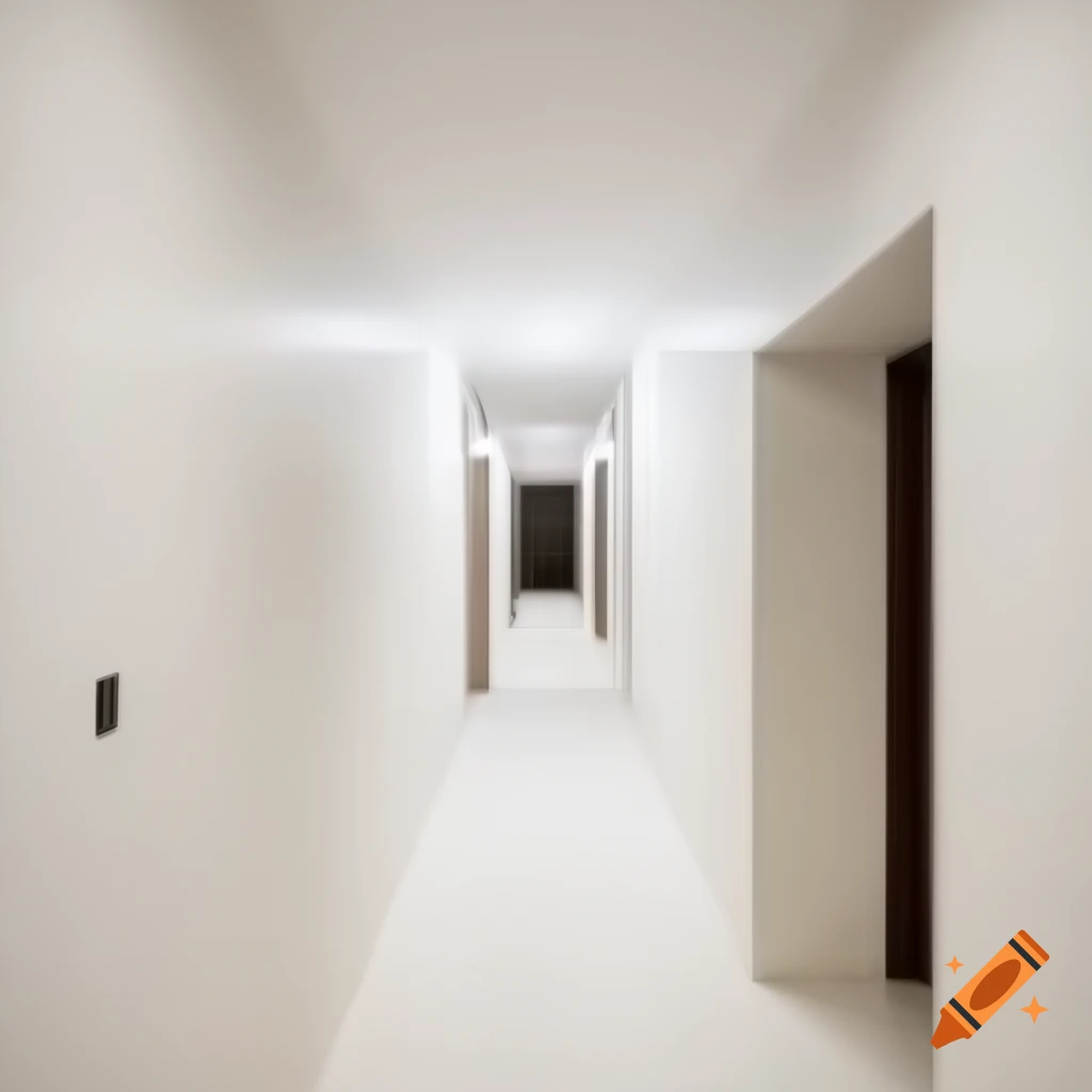 Liminal space hotel hallway with white carpet and tiled walls