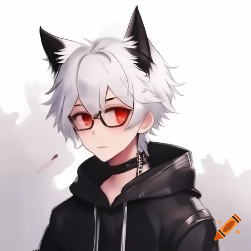 Anime character with white hair, red eyes, and fox ears in a black jacket
