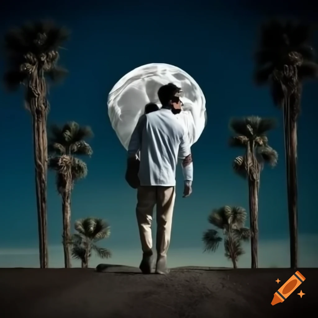 Man walking on moon surface with palm trees in background