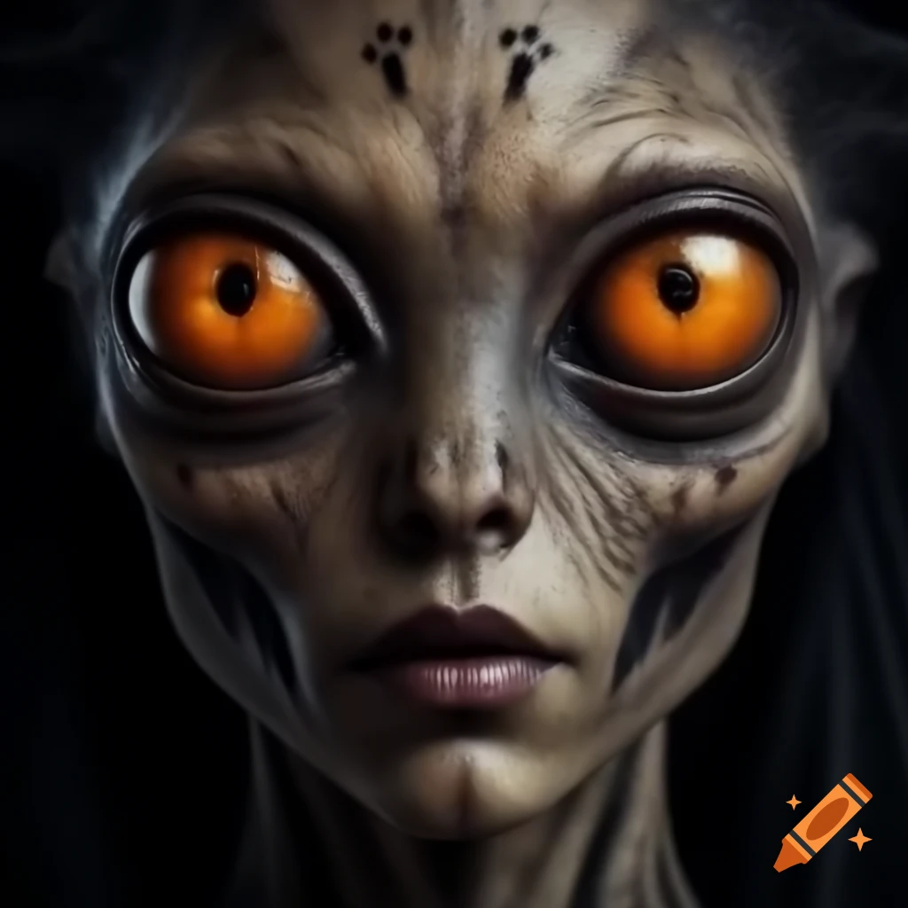 Otherworldly female alien portrait with darkish orange eyes and indistinct facial features