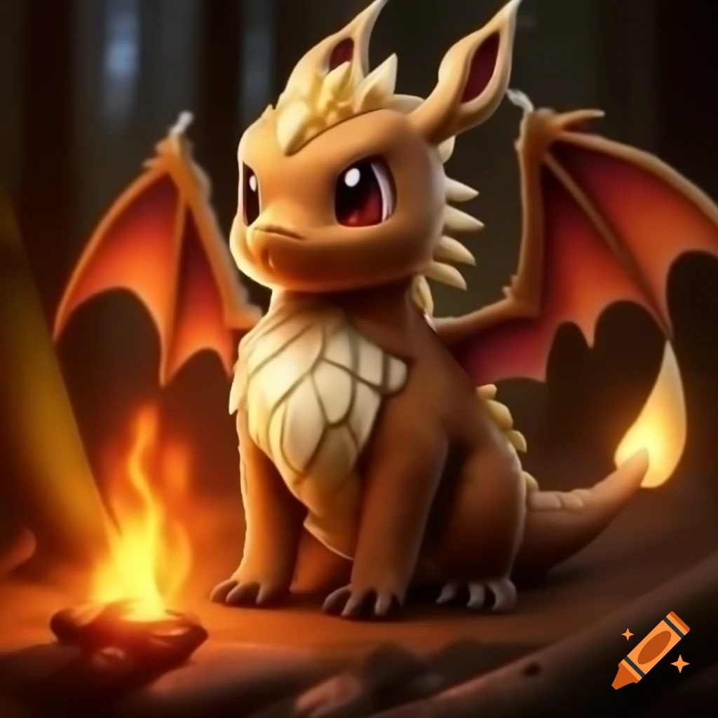 Dragon resembling Eevee in a burning forest