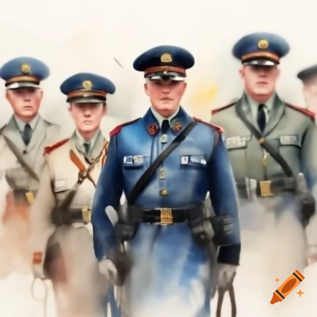 Watercolor depiction of military commissariat staff day