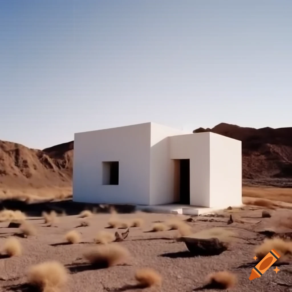 Small stone house in rocky desert landscape with murky sky