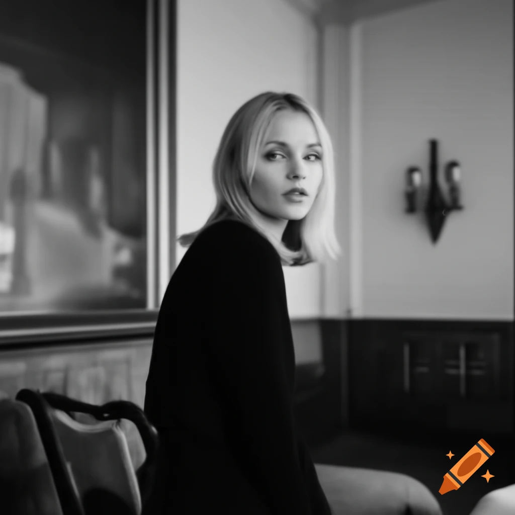 Blonde Scandinavian woman resembling Zara Larsson in luxurious setting, flash photography