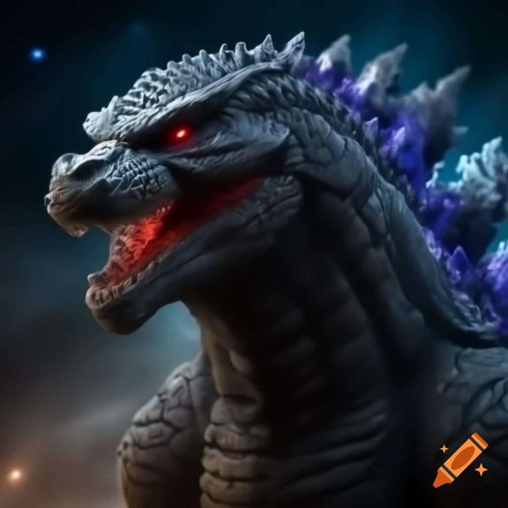 Putin standing on Godzilla's head in a surreal cosmic battle
