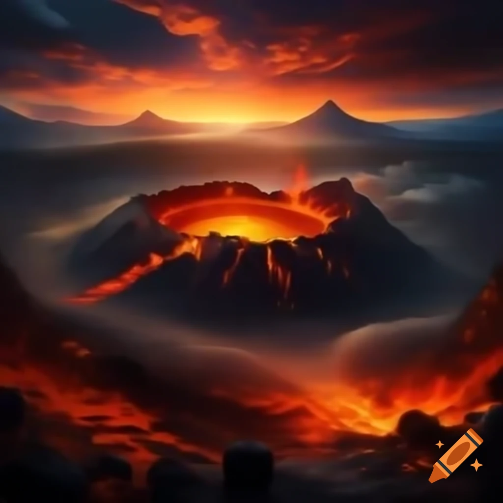 Dramatic volcanic caldera with bubbling molten lava