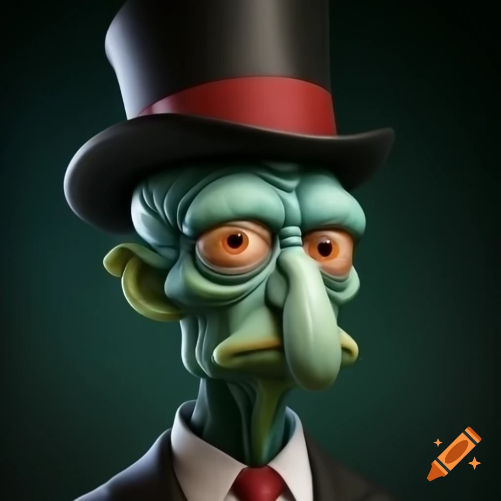 Realistic depiction of Squidward in a top hat and suit