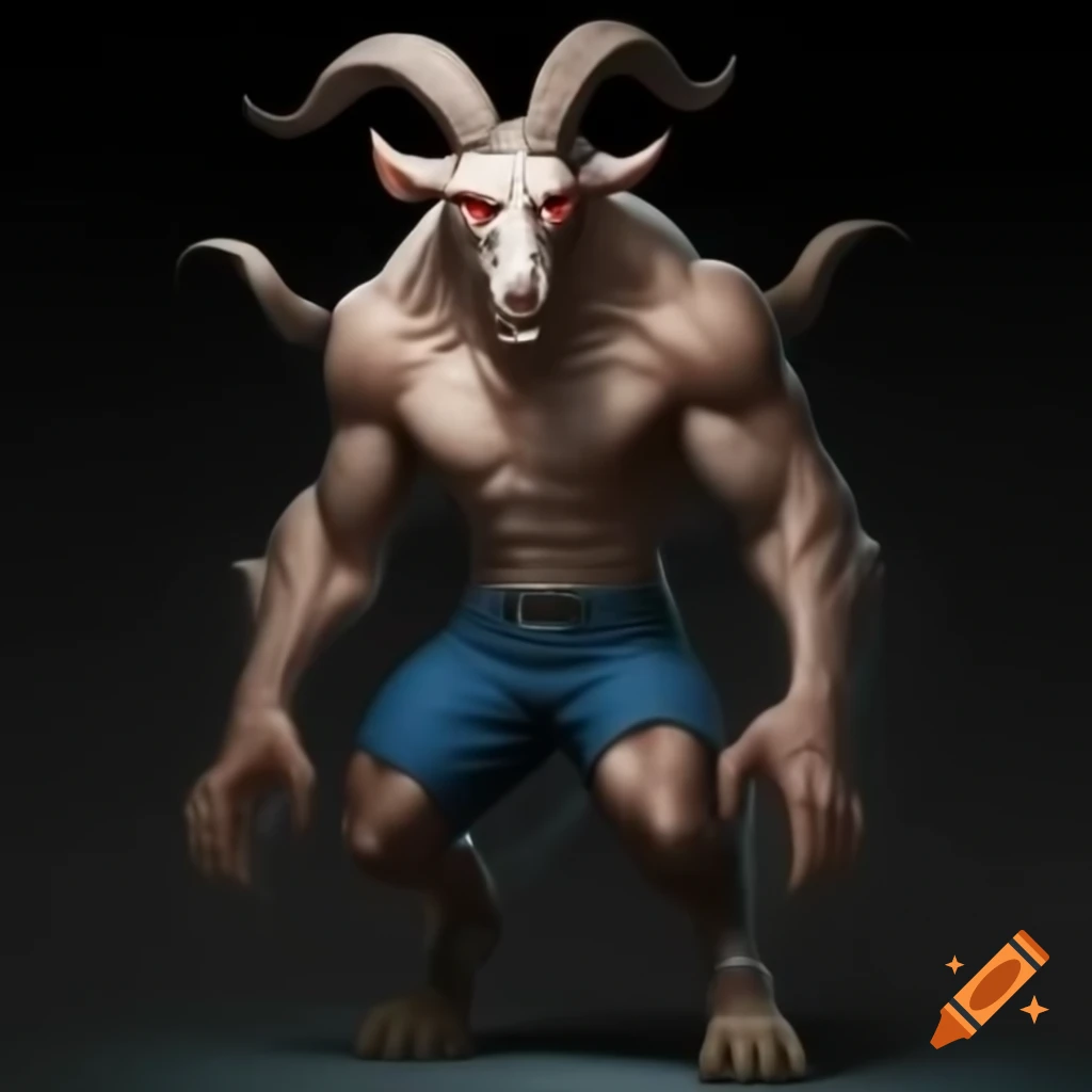 Realistic depiction of a goat-headed demon with large horns and muscular legs in a standing posture
