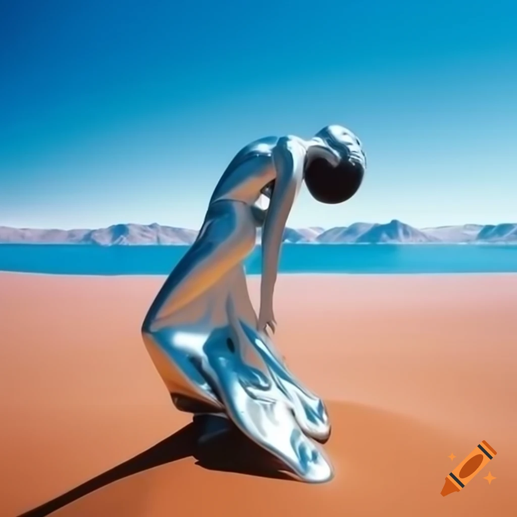 Pop surreal photography of silver statue woman in desert with blue lake