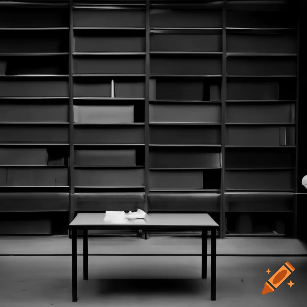 Empty library with bare shelves and a solitary book on the table