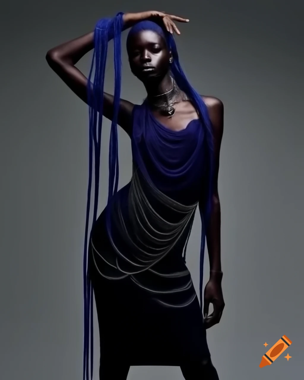 Fashionable dark woman in hippy dress with ankle chains and long braids