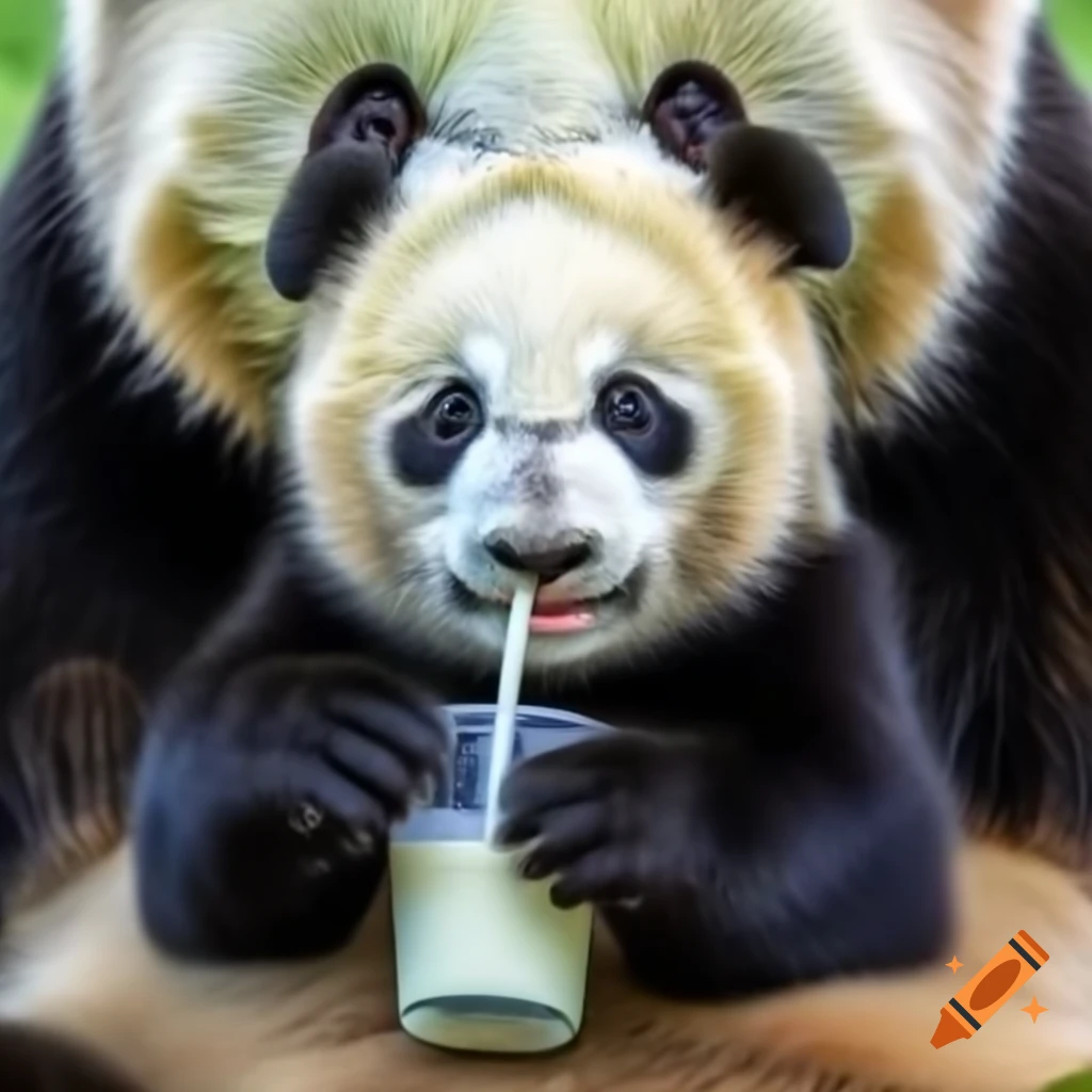Baby panda drinking milk with mother
