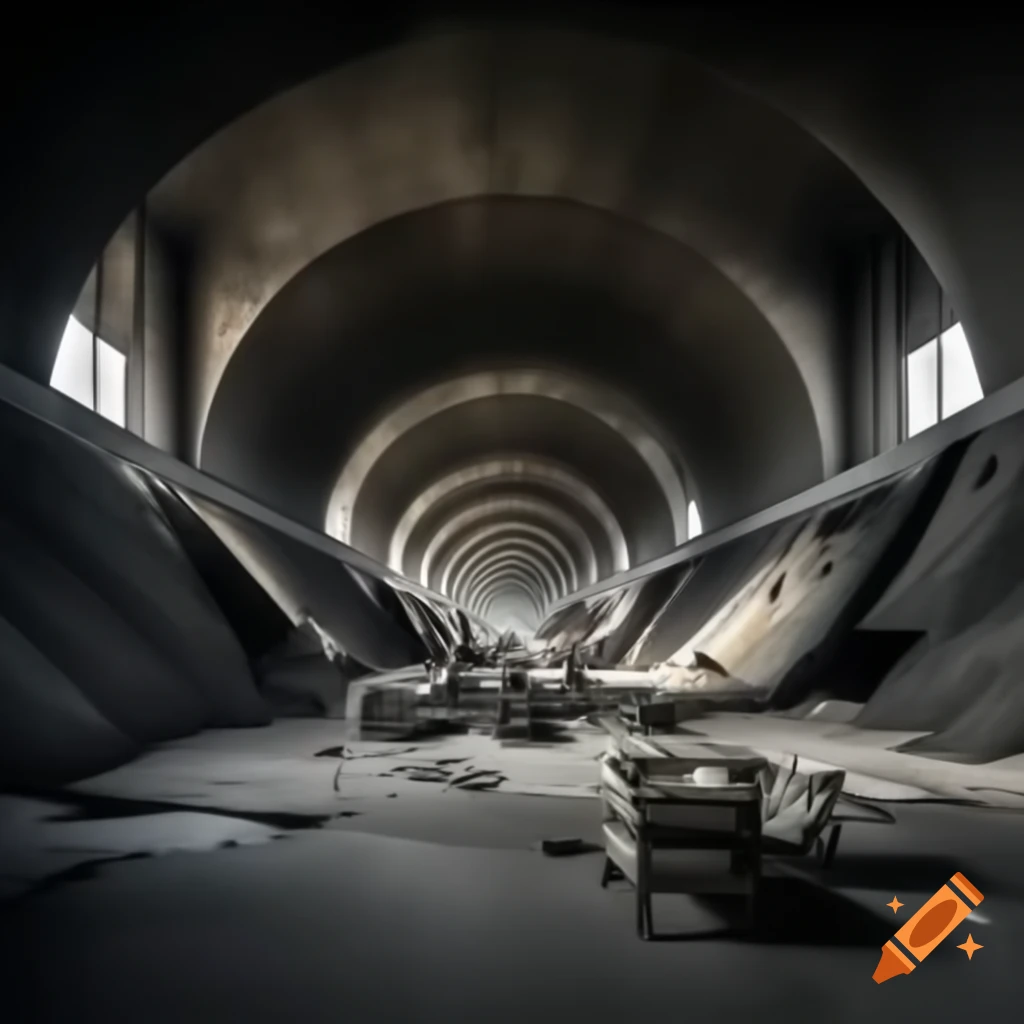 Spacious sewer hall with broken furniture