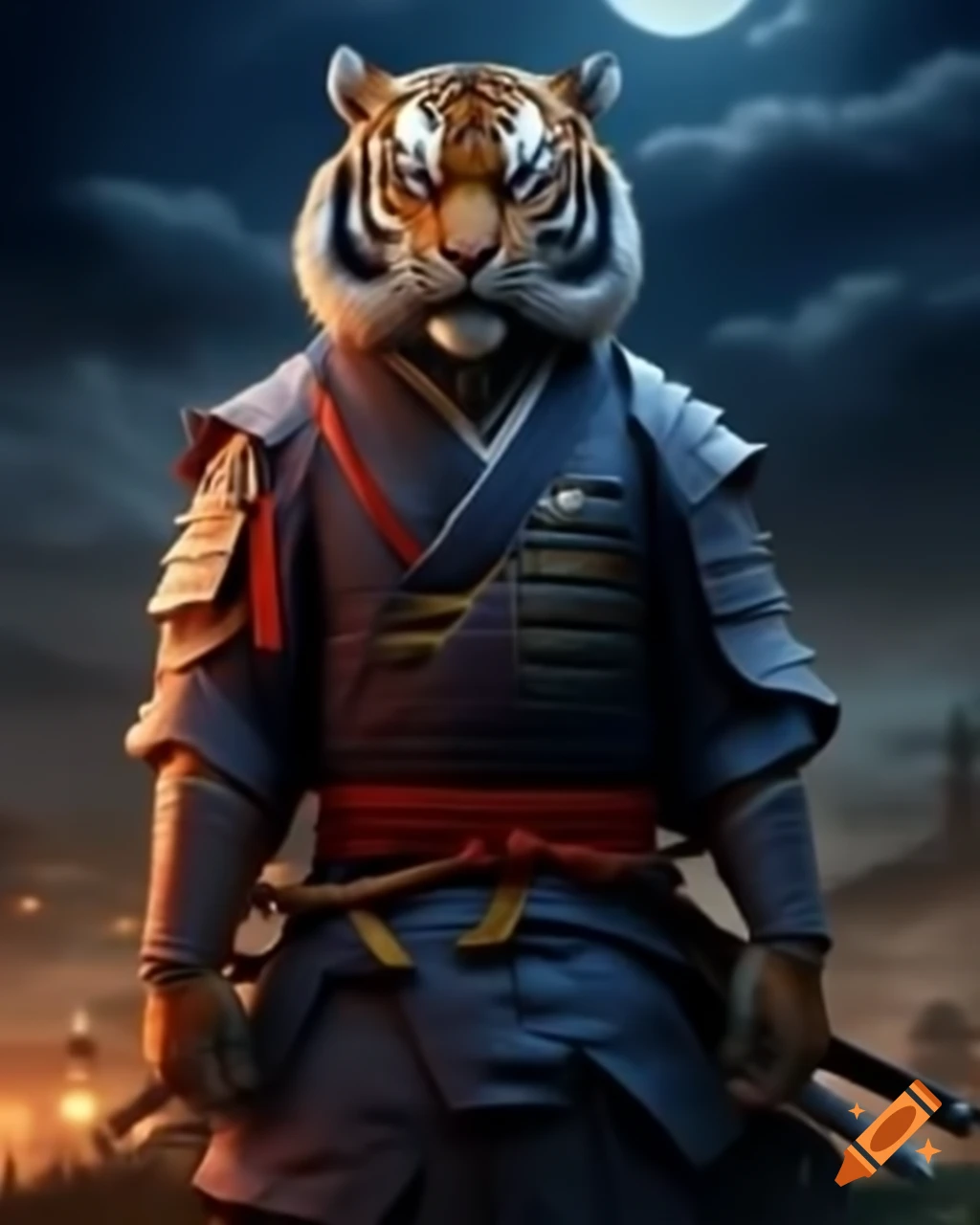 Tiger wearing Samurai suit against night sky
