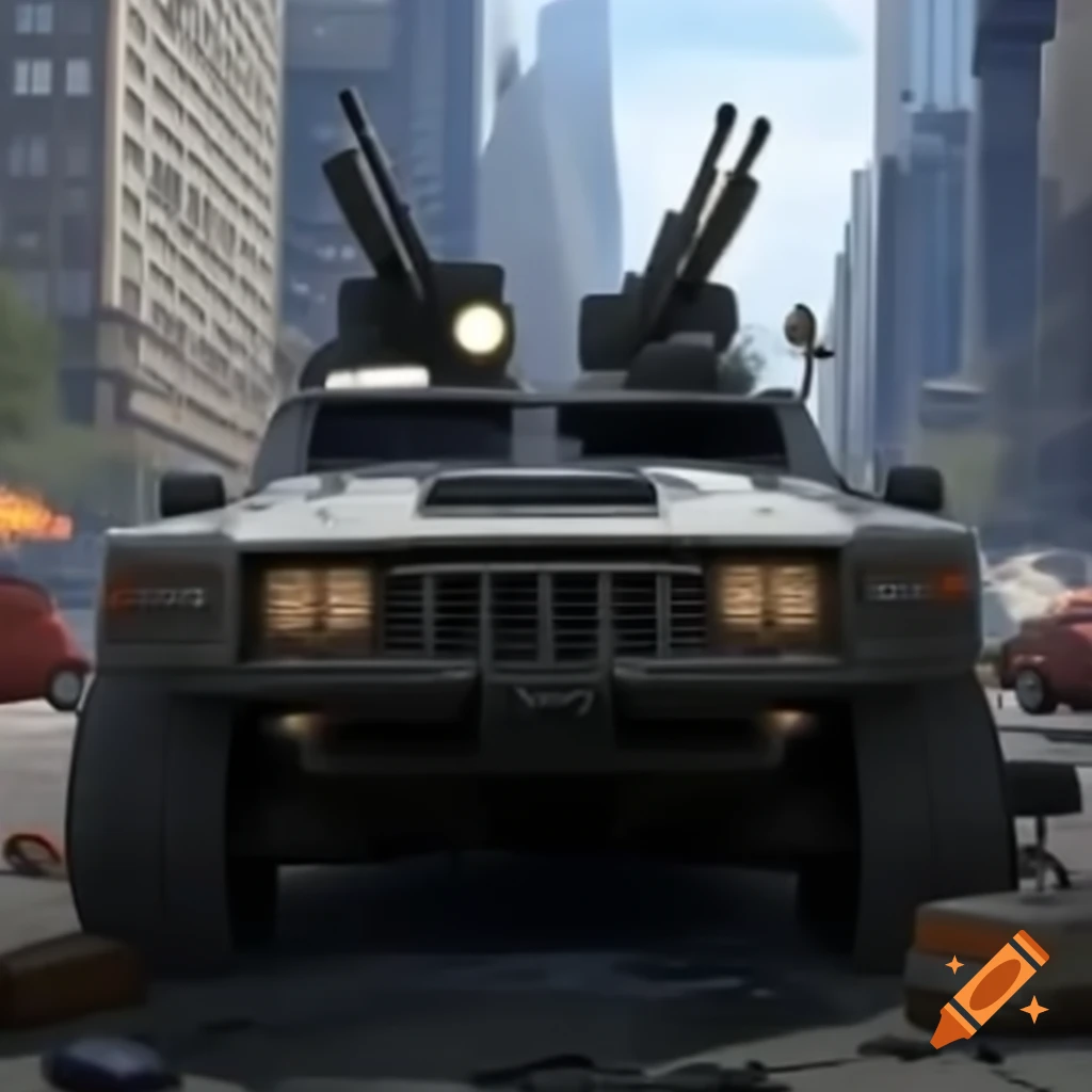 Armored vehicle with mounted weapons driving through city
