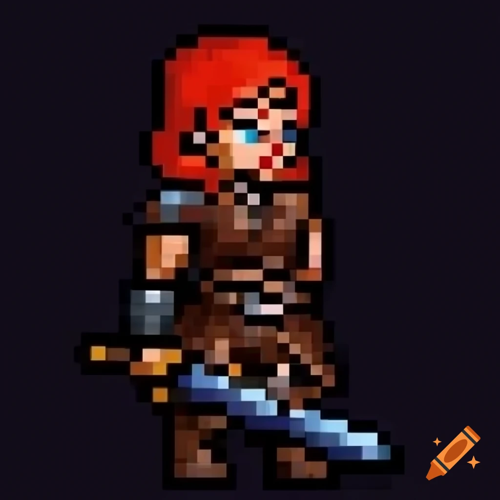 Pixel art sprite of female warrior with red hair and sword