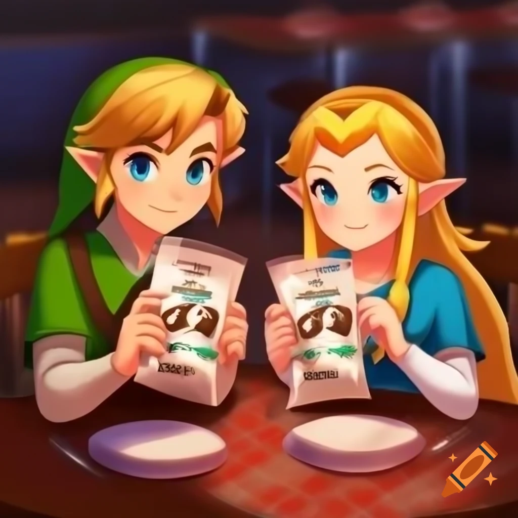 Link and Princess Zelda sharing chocolate milk at cafeteria table, anime art style