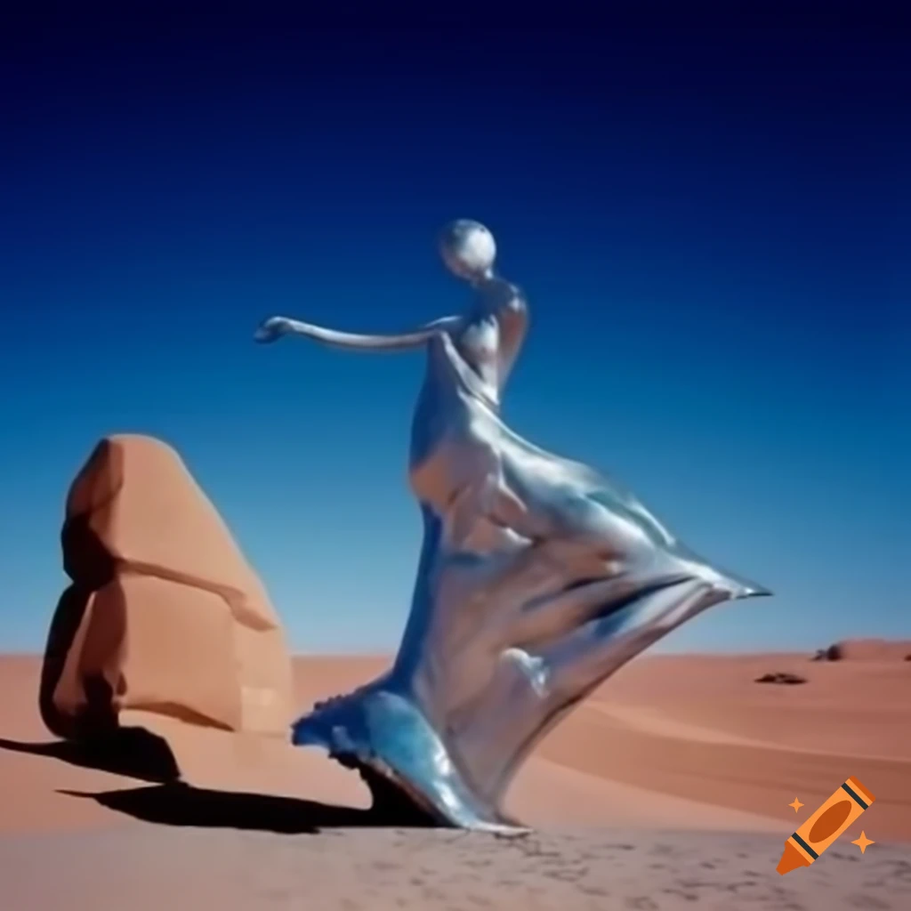 Pop surreal photography of woman as silver statue in stone desert