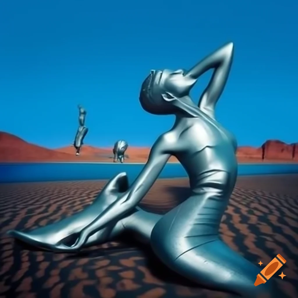 Pop surreal photography of woman silver statue in desert with blue lake