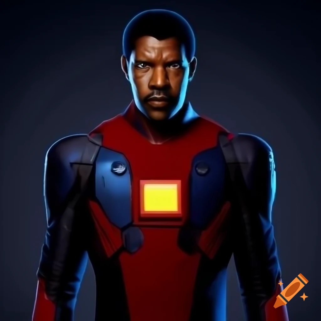 Denzel Washington in a futuristic suit with red body and black-blue patterns