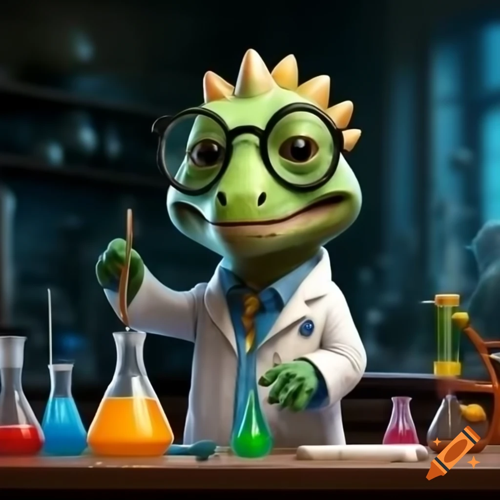 Cartoon dinosaur in glasses and lab coat conducting experiment in laboratory