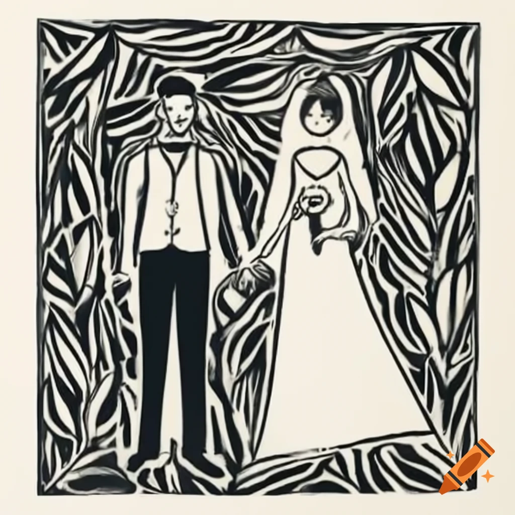 Linocut artwork depicting a wedding ceremony of two people