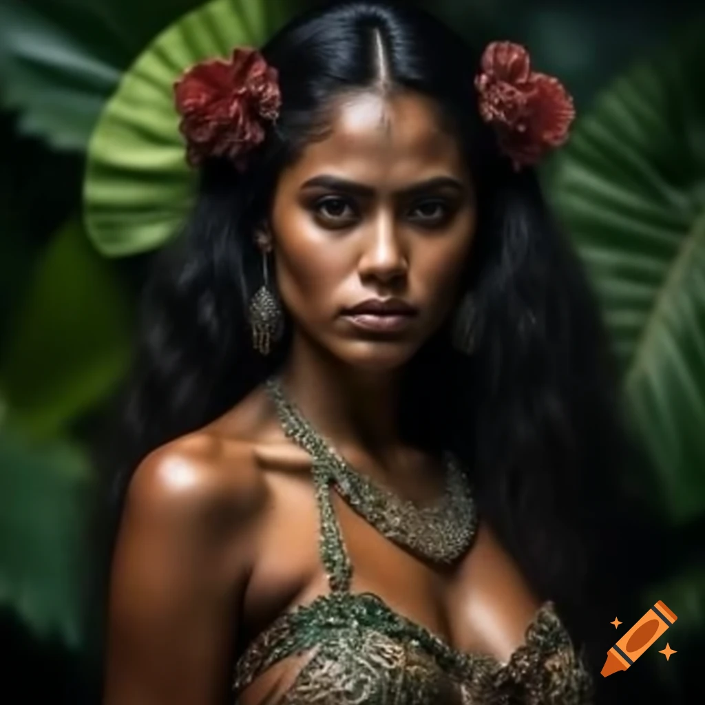 Young Polynesian woman in cropped dance outfit on jungle dance floor
