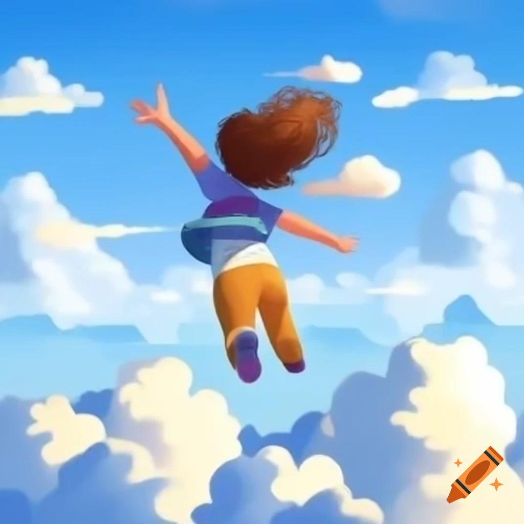 Girl in pants jumping on fluffy clouds