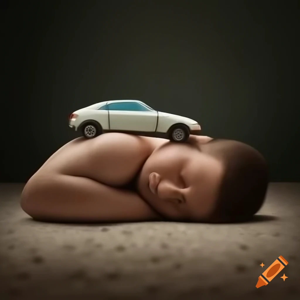 Lifelike car-man figure resting on jogger in a surreal scene