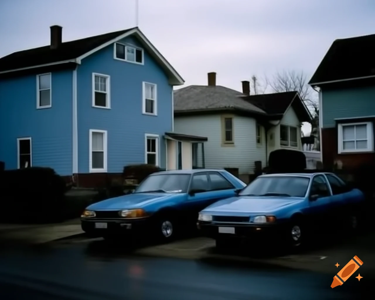 90s neighborhood with light blue houses and vintage cars