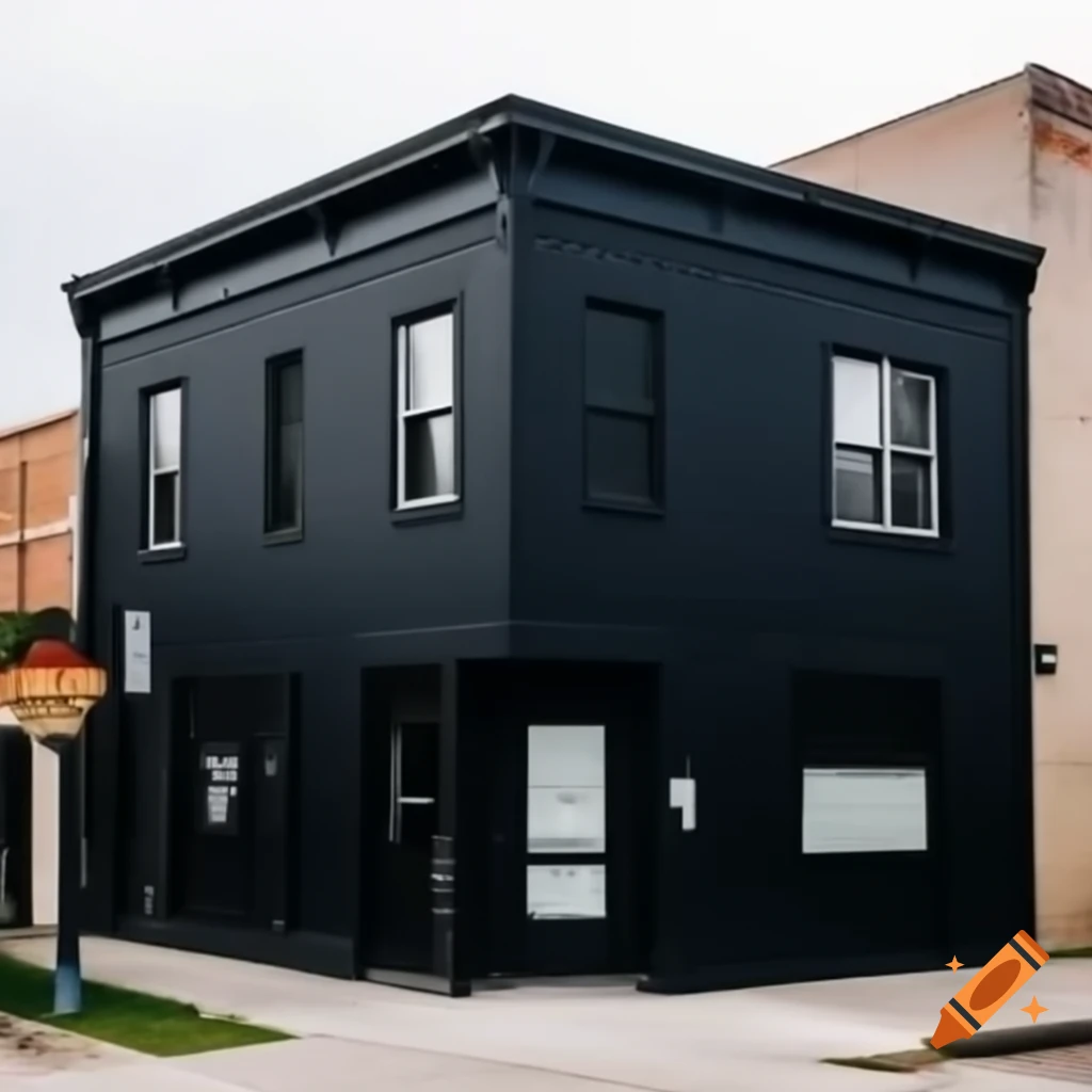 Close-up of small black modern one-story building with sign