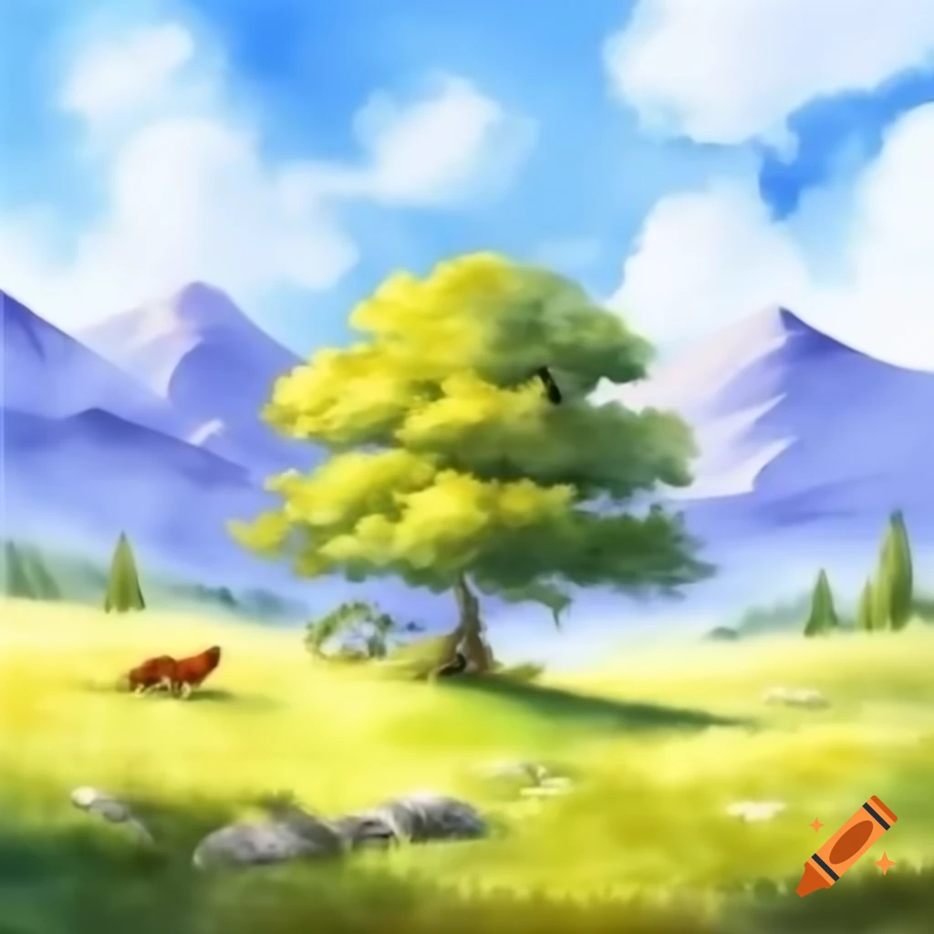 Solitary golden oak tree with bear and fox sitting underneath in a landscape painting
