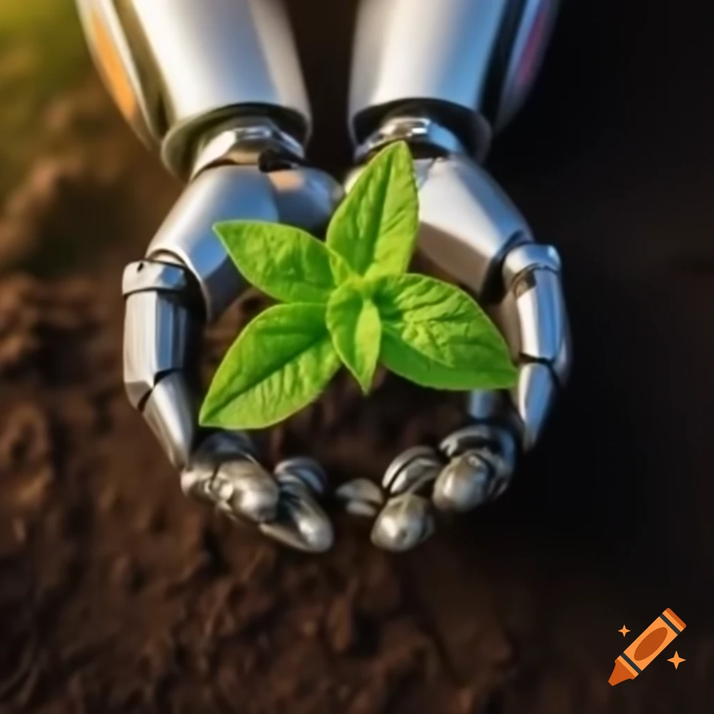 Robot hand gently holding a young nettle on the ground