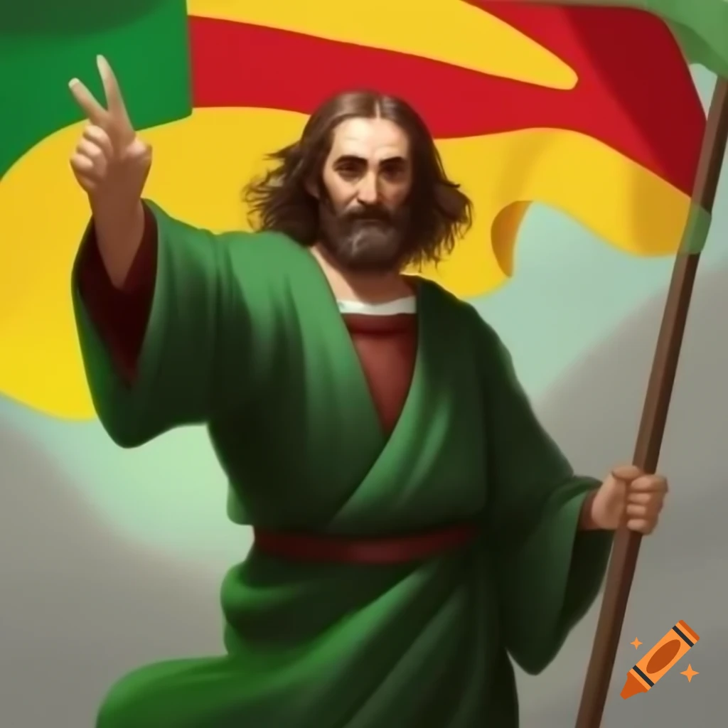 Leonardo da Vinci in green attire waving a flag