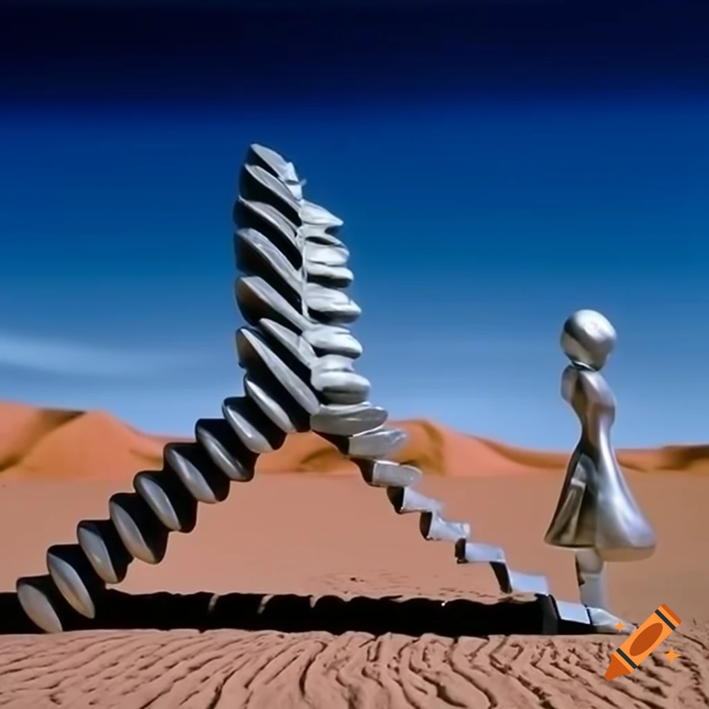 Surreal 2000's photography of silver statue of woman in stone desert