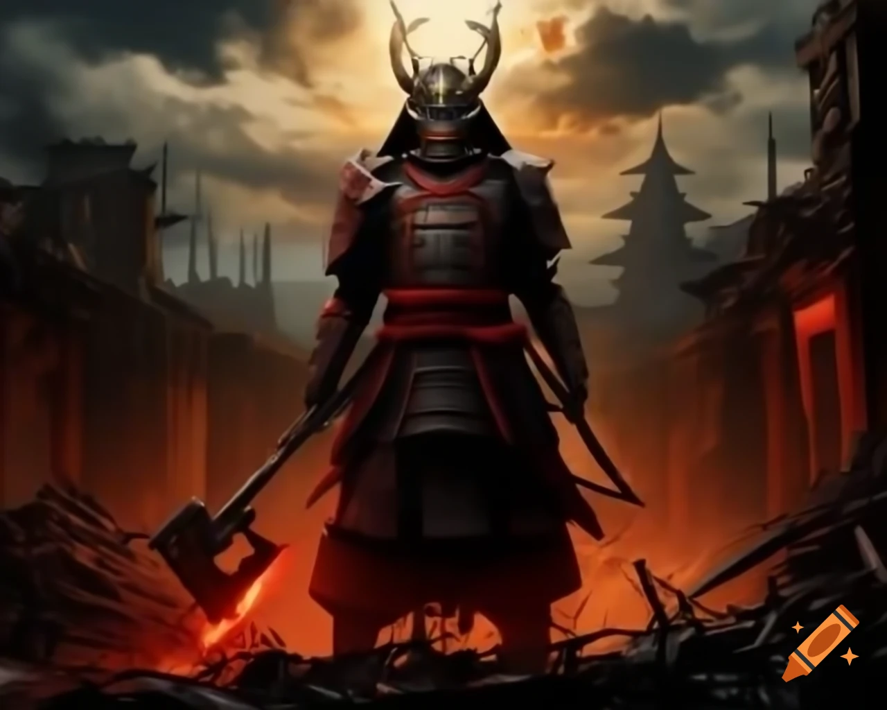 Cybernetic samurai with battle axe and plasma glow in apocalyptic setting