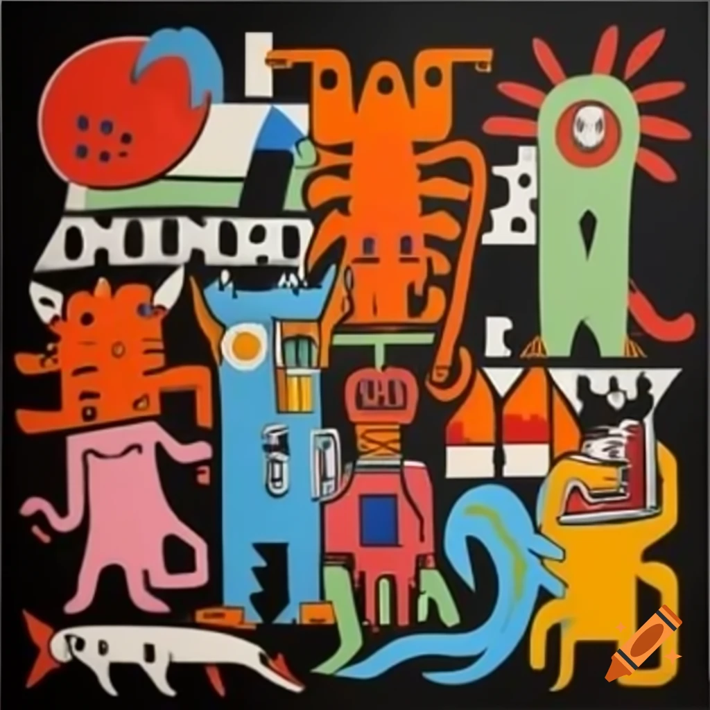 Medieval creatures painted in Jean-Michel Basquiat style