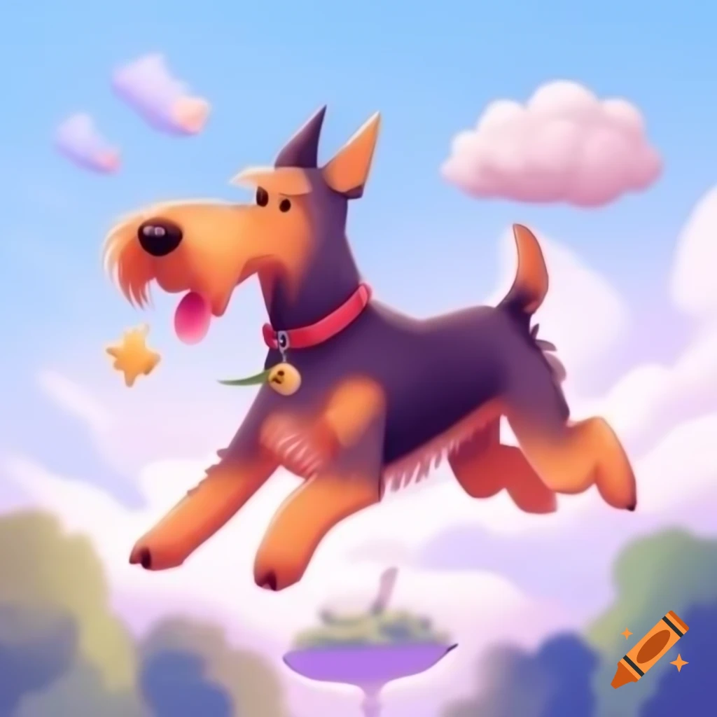 Jumping Welsh terrier in the sky with clouds, cartoon illustration