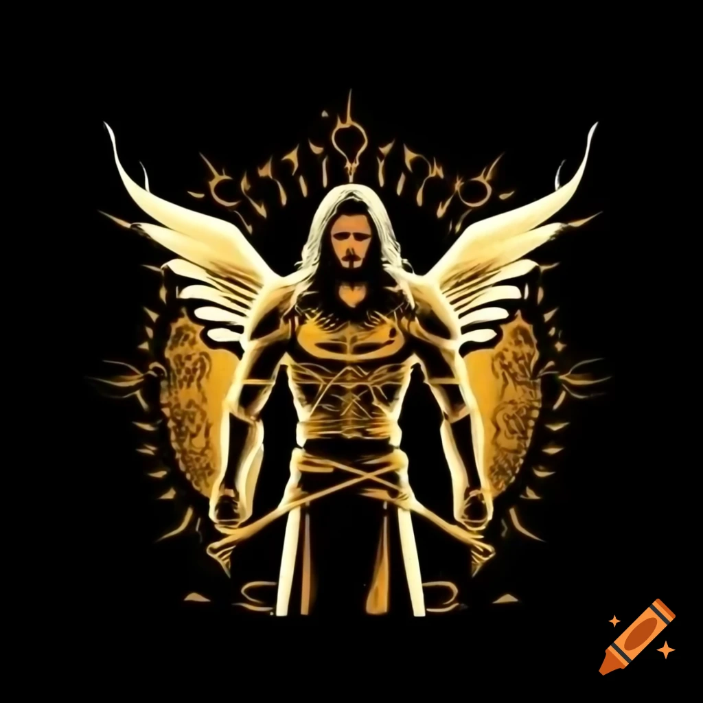 Celestial warrior logo of Jesus in golden armor with angelic wings