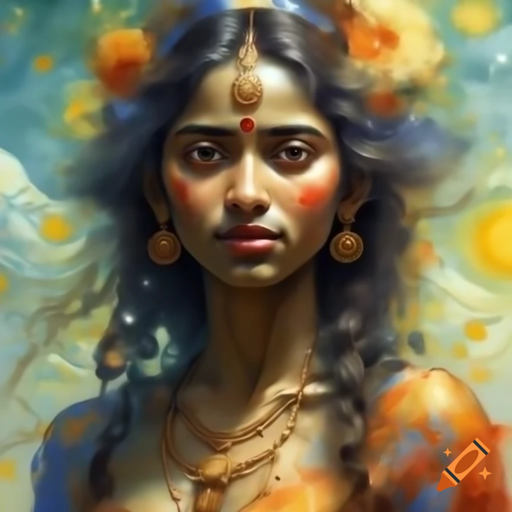 Ancient Bangladeshi goddess in animated style, watercolor and Rembrandt influences