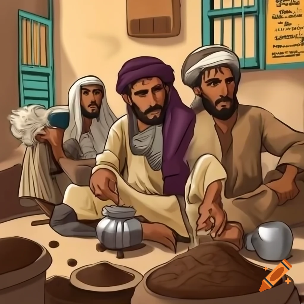 Illustration of coffee origins in Yemen during Middle Ages with coffee beans and brewing methods