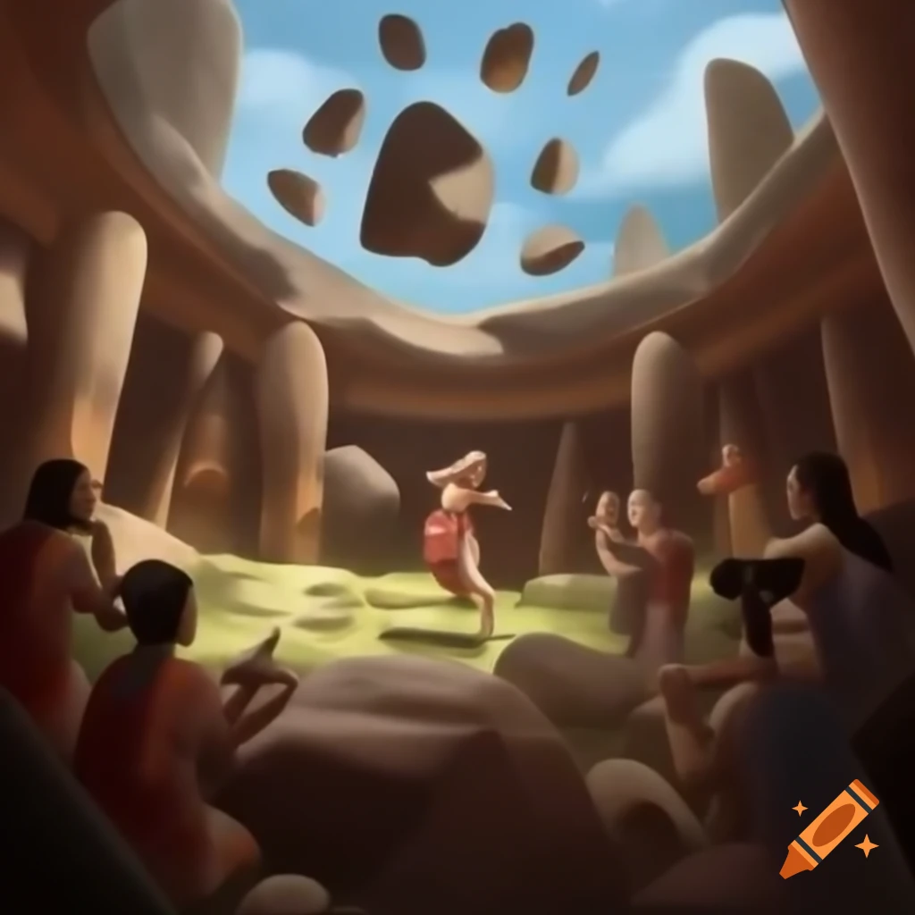 Levitating rocks with ancient people playing musical instruments