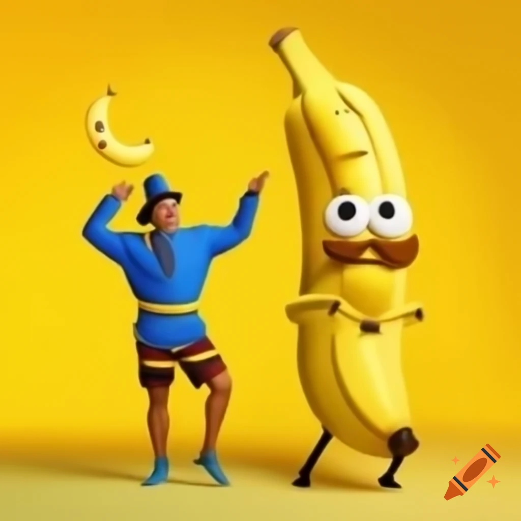 Male character in colorful ruffled outfit next to a large banana, inspired by sk banana mascot