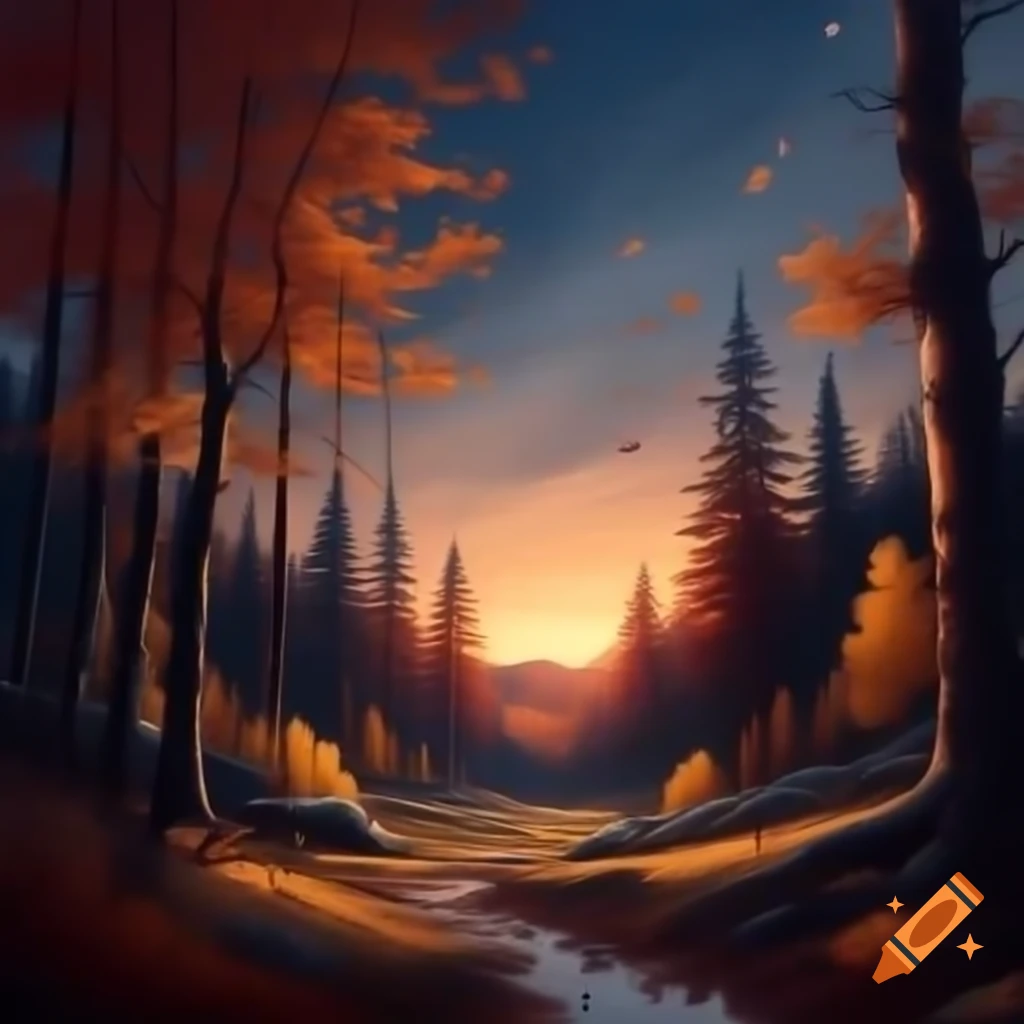 Autumn evening in a forest with colorful foliage